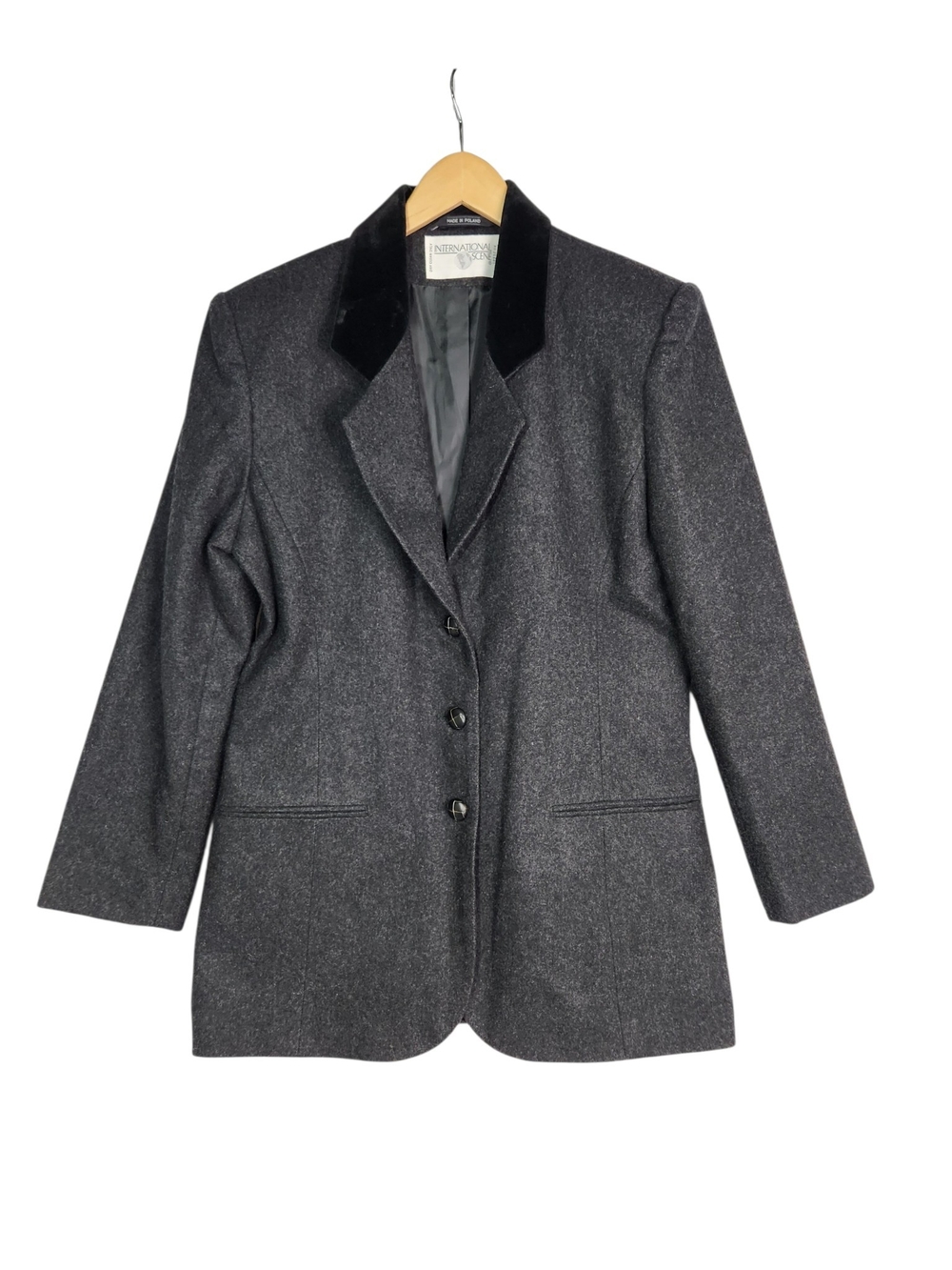 Vtg International Scene Women’s Blazer Coat Sz 8 Gray Velvet Collar Shoulder Pad